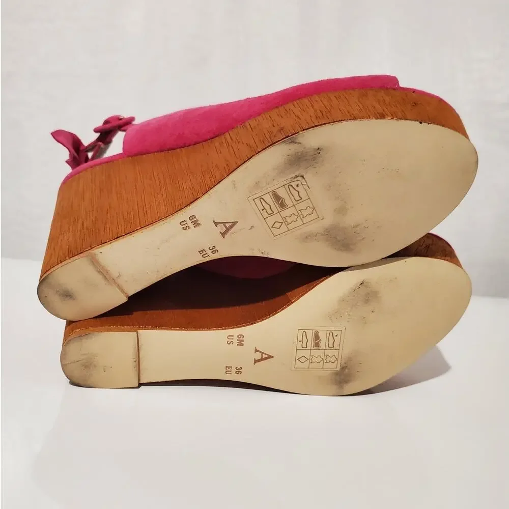 Anthropologie Bow Back Suede Leather Wood Wedge Sandal Size 6M Hot Pink Open Toe